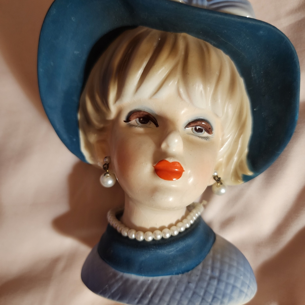Chic Blue and Cream Ceramic Lady Bust